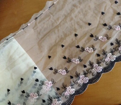 3 Yards 8.5" Wide Mesh Tulle Cream Lace/embroidered Pink Rose flower  eh0246 - Image 1 of 2
