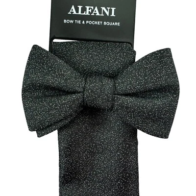 Alfani Mens Millard Mini-Print Bow Tie & Pocket Square Black OS - Image 1 of 4