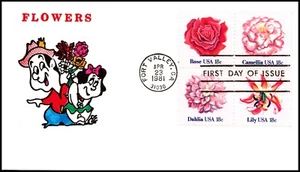 Scott 1879a 18 Cents Flower Issue Ellis Cartoon Cachet FDC - Picture 1 of 2