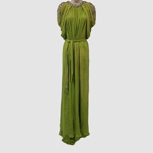 $5280 Pamella Roland Women Green Beaded Silk Georgette Draped Gown Dress Size 4 - Picture 1 of 11