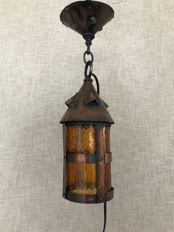 Antique Hammered riveted Copper ceiling lantern w/ amber crackle glass sleeve Cover