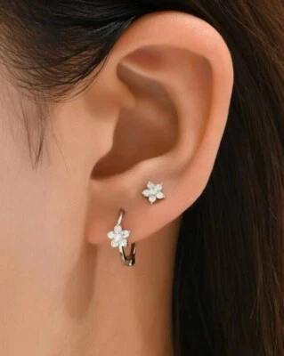 2pairs Set Womens Girls Silver Flower Cubic Zirconia Decor Hoop Stud Earrings - Image 1 of 4