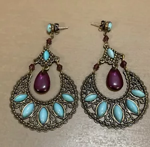 Brass Toned 3" Teardrop Faux Turquoise Dangle Earrings Pierced Stud Purple Stone - Picture 1 of 5