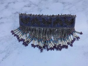 Vintage 90's Hand Beaded Barrette Hair Clip Bead Fringe Silver Lilac Heart - Picture 1 of 5