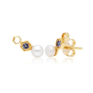 Modern Perle & Tansanit Ohr Kletterer Stecker 9ct Gelbgold - Bild 1 von 3