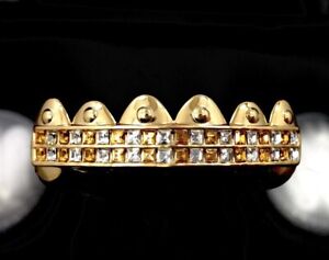 14k Gold GP Top Band Tooth Grillz iced Canary Yellow Simulated Diamond Bling out