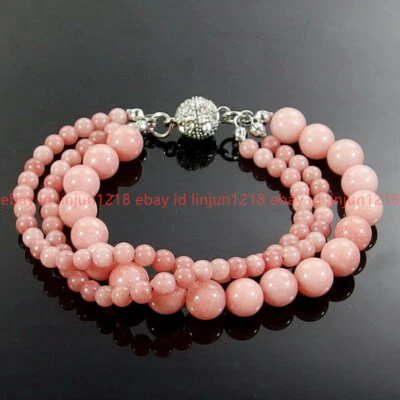 Nuevo brazalete de cuentas de piedras preciosas de rodocrosita rosa de 4 mm/8 mm hebilla magnética de 7,5" Foto 1 de 4
