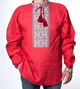 VYSHYVANKA for men Red hand cross-stitch Embroidered Linen SHIRT Ukraine - Picture 1 of 9