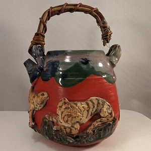 Antique Japanese Porcelain SUMIDA ISHIGURO KOKO Teapot Tiger & Leopard Cat Japan - Picture 1 of 24
