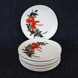 Crooksville Iva Köder Flamingo Rot Hibiskus Beilagen Teller 6" Set 8 Vintage - Bild 1 von 18
