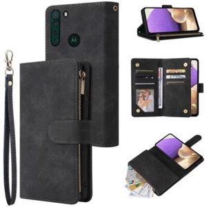 Motorola One Fusion Wallet Case Zipper Pocket Flip Card Wrist Strap Kickstand - Picture 1 of 34