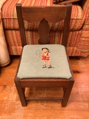 Vintage wood wooden Child or Doll  Salesman Sample needlepoint western girl Cover