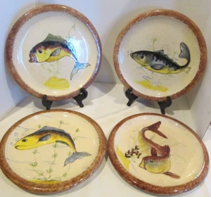 VTG ANTIQUE RARE FRENCH ART POTTERY FOUR DIFFERENT FISH PLATES 9.25" SET of 4 - Picture 1 of 19