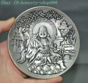 4.2" China Antigua Dinastía Tibetana Plata Maitreya Buda Estatua Plato Bandeja Plato - Imagen 1 de 5