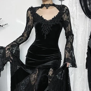 Damen Gothic Spitze Langes Kleid Durchsichtig Netz Arm Hoher Schlitz Abend Party - Bild 1 von 24