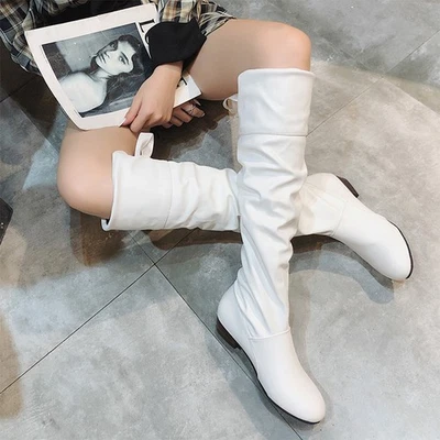 Ladies Women High Boots Chunky Block Heel Knee High Boots Casual Shoe Ties-on UK