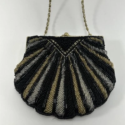 La Regale Vintage Beaded Clam Shell Gold Silver Black Evening Purse Mini Bag - Image 1 of 4