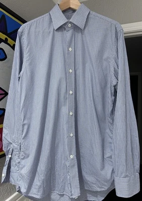 Ledbury 正装衬衫 16 35 修身蓝色黑色条纹长袖翻领 — 第 1/4 张图片