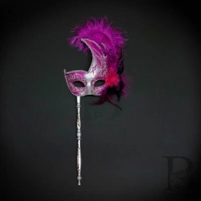 Holding Stick Party Mask | Feather Masquerade Mask Silver Hot Pink M6131 - Image 1 of 4