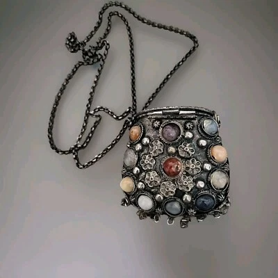 De Colección Étnico Tibetano Sajai Plata Metal Piedra Natural Monedero Cadena Collar  Foto 1 de 4