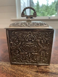 Vintage Heavy Silver Toned Lidded Trinket Box India Raised Scroll About 2lb - Picture 1 of 8