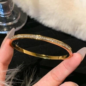 Fashion Women Titanium Stainless Steel Zircon Gold Color Bangle Bracelet Elegant - Picture 1 of 32