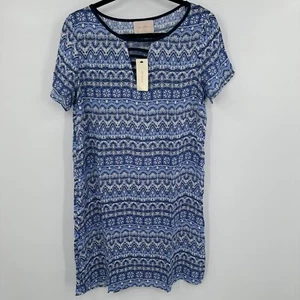 Skies Are Blue Shift Dress Women's Medium Blue Geo Print Short Sleeve V Neck - Picture 1 of 12