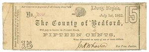 1862 County of Bedford, Liberty, Virginia 15c Obsolete Note No.7110 (62146) - Picture 1 of 2
