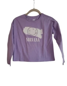 New Nirvana Smiley Face Paintbrush Girls Sz Medium Grunge Rock Cropped L/S Tee  - Picture 1 of 4