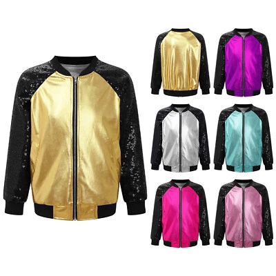 Kids Girls Boys Shiny Sequins Jazz Hip Hop Street Dance Tops Coat Jacket Costume - Image 1 of 3