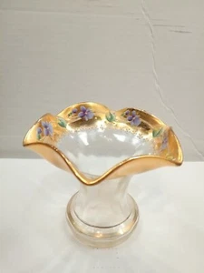 Vtg Italy Compote Hand Painted Enameled Flowers Glass Footed Dish Flower Vase  - Picture 1 of 9