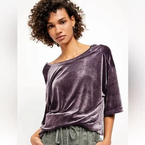 Free People Velvet Velour Tshirt Top Dark Purple Eggplant Open Back Oversize XS - Picture 1 of 8