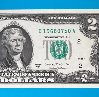 1968 (75) ANNIVERSARY GIFT : B 19680750 A $2 Two Dollar Bill Serial Number 2017A - Image 1 of 4