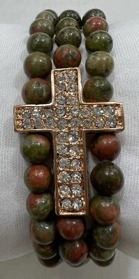 "Pulsera hecha a mano única de 7"" con unakita de 6 mm y cruz llena de cristales" Foto 1 de 2