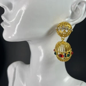 Etruscan Bird Cage Earrings Pierced Dangle Mogul Jewel Matte Gold Tone Red Green - Picture 1 of 12