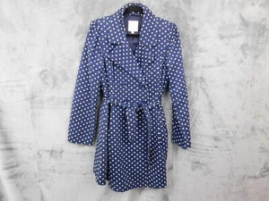 ModCloth Trench Coat Womens Large Navy Blue Polka Dot Captial Class Belted - Picture 1 of 13
