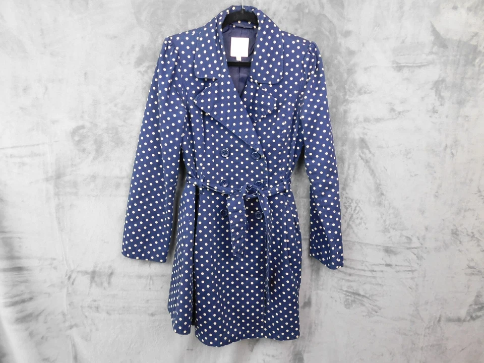 ModCloth Trench Coat Womens Large Navy Blue Polka Dot Captial Class Belted - Image 1 of 4