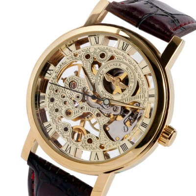Winner Men's Mechanical Skeleton Watch Steampunk Design Roman Numeral Gold Case - Image 1 of 4