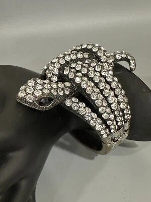 Snake Clamper Bracelet  Silver Rhinestones Statement Black Eyes 6.50" - Image 1 of 4