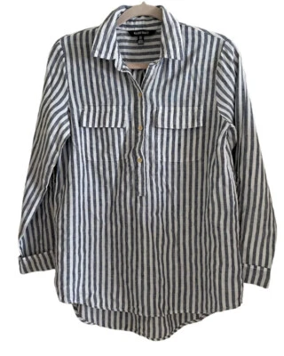 Camisa para mujer Ellen Tracy azul blanco a rayas 100 % lino mangas largas con lengüeta enrollable M Foto 1 de 4