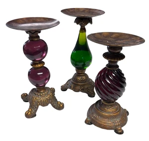 Vintage Jewel Colores Glas Kerzenständer 3er Set rot lila grün - Bild 1 von 11