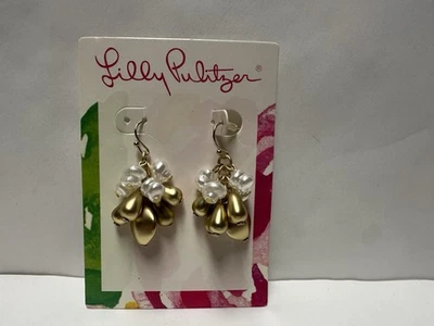 NEW LILLY PULITZER GOLD & FAUX PEARL CLUSTER DANGLE DROP EARRINGS - Image 1 of 2