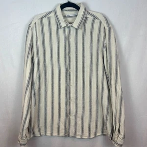 Zara Mens Beige Blue Striped Knit Casual Button up Long Sleeve Shirt sz L Retro - Picture 1 of 10