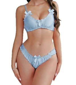 Satin Blue Bra & Panty Femme Bow 2 Piece Bikini Set New Glam Lingerie Party Nite - Picture 1 of 4