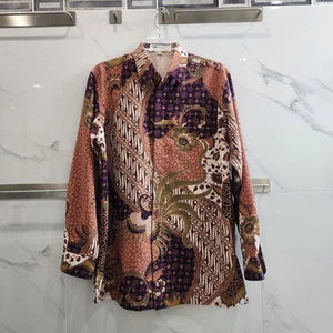 Batik Keris Shirt Men Size 16 Brown Geometric Button Up Long Sleeve Polyester - Picture 1 of 3