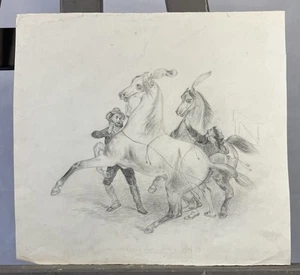 Dessin ancien vers 1860 : chevaux se cabrant parés de plumes sur la tête - Picture 1 of 11