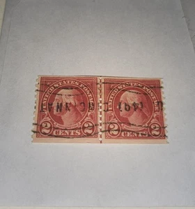 US Scott #599 ( Joint Line Pair ) Washington Stamp, Inverted Cancel  - Picture 1 of 2