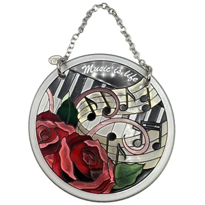 AMIA Studios Music Is Life Text Piano Keys & Roses Suncatcher 3.75" - Picture 1 of 4