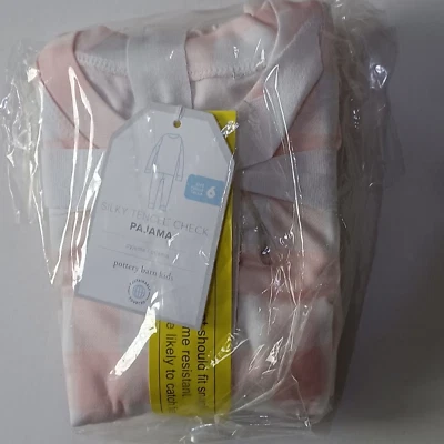 Pottery Barn Kids Silky Tencel Check 轻便 2 件睡衣 6 码粉色全新带标签 — 第 1/3 张图片