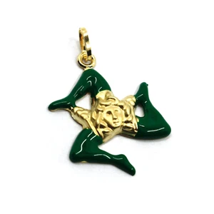 18k yellow gold pendant, rounded trinacria 25mm, excavated back, green enamel - Picture 1 of 5